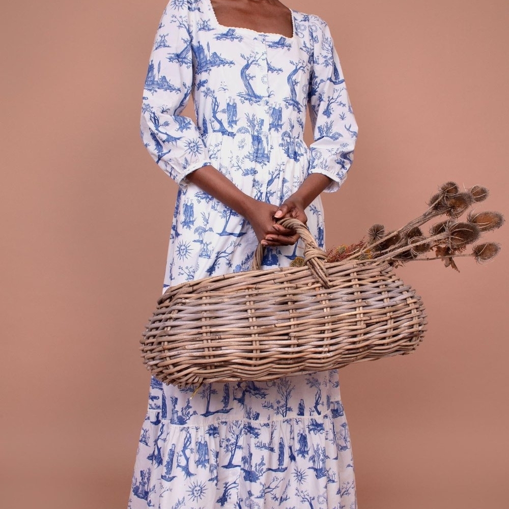 Blue and White Toile Maxi Dress with Square Neckline